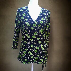 Style & Co Floral Faux Wrap Top Made in Taiwan 100% Nylon 3/4 Sleeves (Sz M)